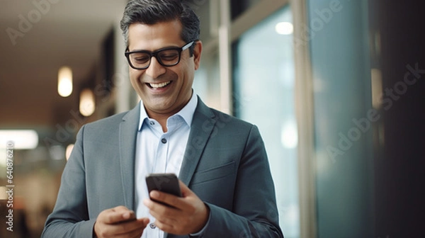 Fototapeta Close-up of a contented, mature businessman, Latin or Indian, with a smartphone in his office, highlighting digital technology use for business solutions.