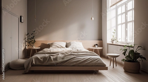 Fototapeta Minimalist and modern Bedroom - generative AI, AI generated
