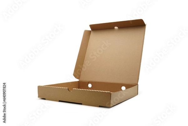 Fototapeta An empty brown pizza box in front of a white screen, isolated
