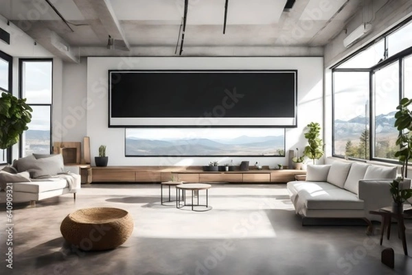 Fototapeta An open-concept TV lounge room with panoramic windows and a white empty canvas frame for a mockup, inviting the outside world in.
