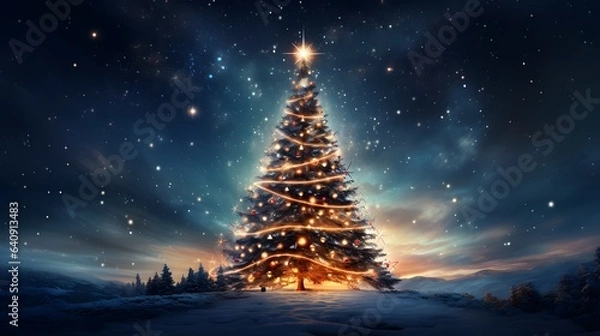 Fototapeta Fantastic winter landscape with christmas tree. 3D rendering. Christmas background with christmas tree, snow and stars. Beautiful christmas night.	