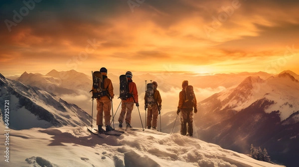 Fototapeta Alpenglow Majesty: Skiers on Summit at Sunset in the Mountains, generative ai 