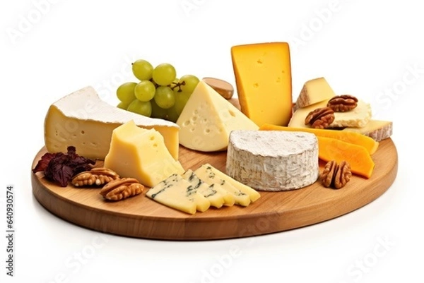Fototapeta Wooden board with different types of cheese on a white background