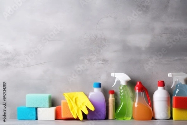 Fototapeta Bucket with cleaning products on the table on a gray background