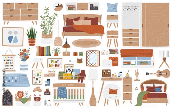 Fototapeta Bedroom interior design furniture. Mid century modern style collection including nursery, teen and master room. Hygge home decor. Domestic objects. Big bedtime set hand drawn flat vector illustration