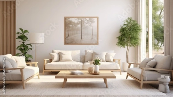 Fototapeta Light living room interior in a Scandinavian style. Generative AI