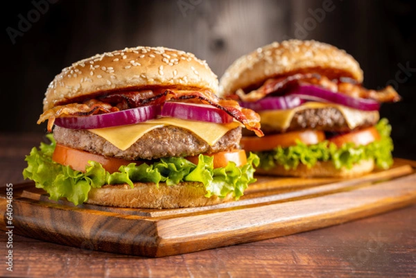 Fototapeta Delicious hamburger with meat, cheese, bacon and salad.