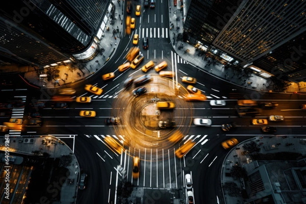 Fototapeta top view of intersection in a prosperous city, time lapse of car, long shutter speed