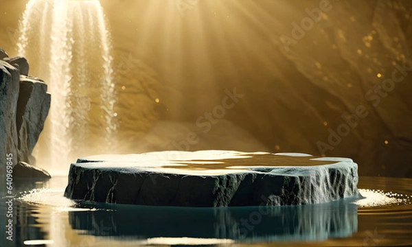 Fototapeta Empty product display podium with water reflection and rock on gold background. 3D rendering, Blank space for montage product display. generative AI
