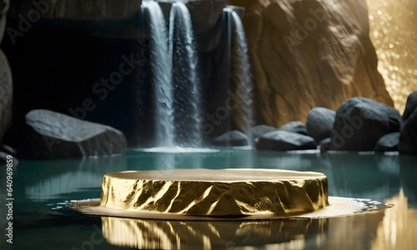Fototapeta Empty product display podium with water reflection and rock on gold background. 3D rendering, Blank space for montage product display. generative AI