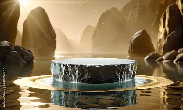 Fototapeta Empty product display podium with water reflection and rock on gold background. 3D rendering, Blank space for montage product display. generative AI