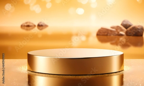 Fototapeta Empty product display podium with water reflection and rock on gold background. 3D rendering, Blank space for montage product display. generative AI