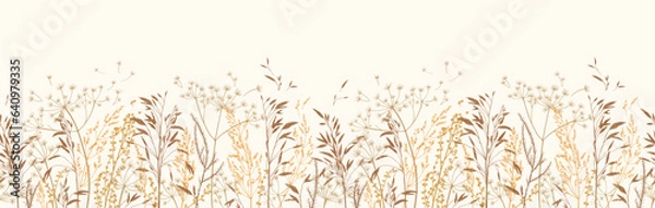 Fototapeta Vector illustration with wild and dry herbs. Panoramic horizontal seamless pattern. Autumn meadow. Ornament for wallpaper, card, border, banner or your other design. Natural beige tones. Engraving.