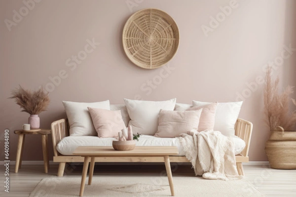Fototapeta Scandi-boho style interior design with fabric sofa, 3d render 