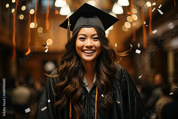 Fototapeta girl, beautiful Asian teenager, a 12th grade senior in gradutation cap and gown. generative ai