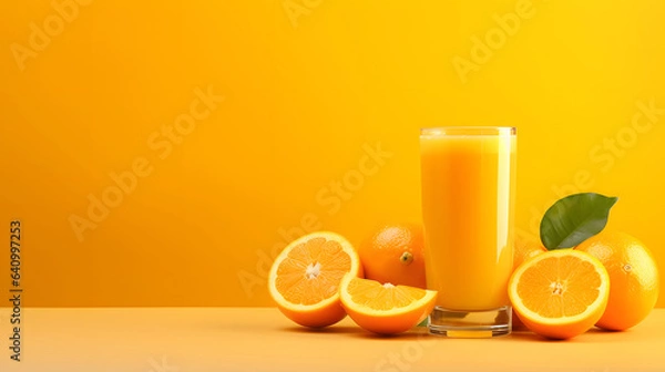 Obraz Sok pomarańczowy ze świeżymi owocami na żółtym tle