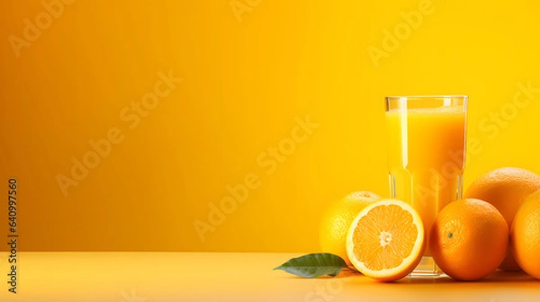 Obraz orange juice with fresh fruit on yellow background