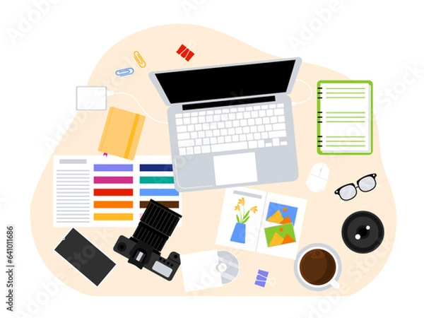 Fototapeta Teenager desktop top view. Flat vector illustration. Top view of wooden table. Workplace background illustration