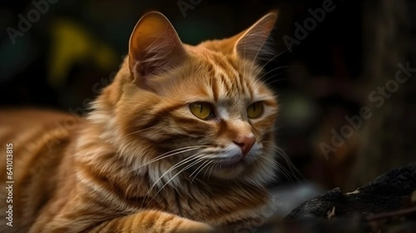Fototapeta Exotic orange tabby cat breed pet sitting at the nature background. Generative AI technology.