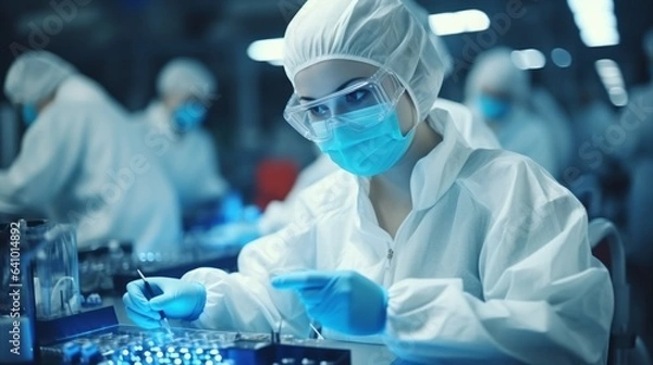 Fototapeta Women working in electronics factory by AI generate.