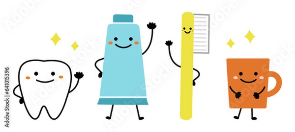 Fototapeta 歯、歯磨き粉、歯ブラシ、コップのかわいいキャラクターイラスト