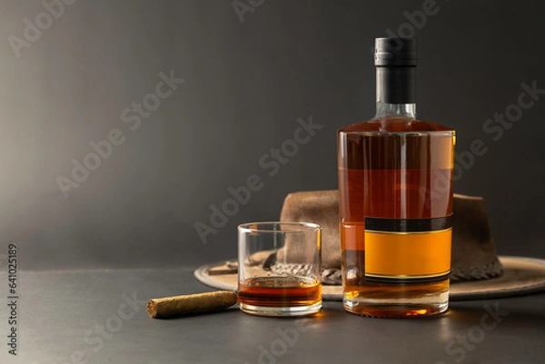 Fototapeta Glass and bottle of whiskey, cigar and leather cap, on black background