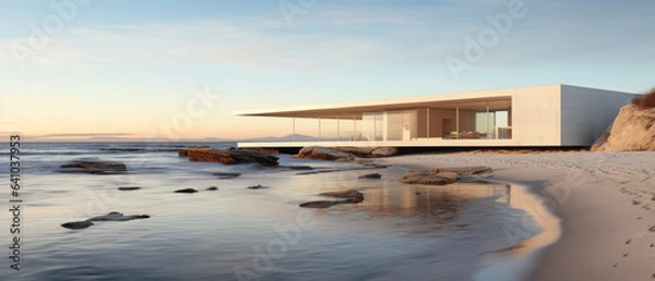 Fototapeta Building Exterior luxury of living room with sea view by generative AI illustration.