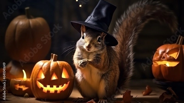 Fototapeta a photograph of cute squirrel use witch hat for halloween celebration generative ai