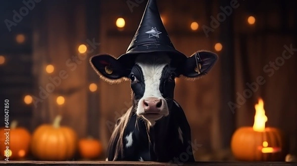 Fototapeta a photograph of cute cow use witch hat for halloween celebration generative ai