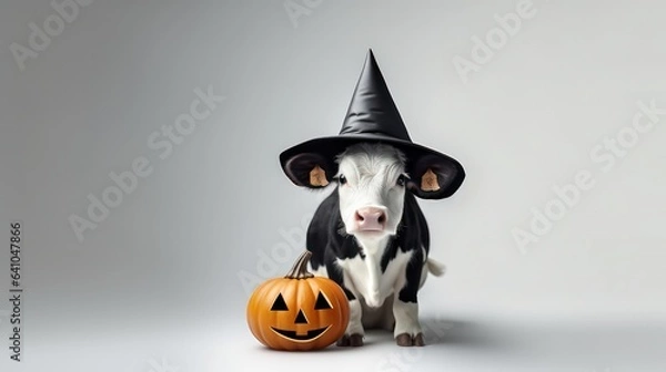 Fototapeta a photograph of cute cow use witch hat for halloween celebration generative ai