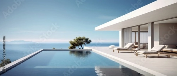 Fototapeta Building Exterior luxury of living room with sea view by generative AI illustration.