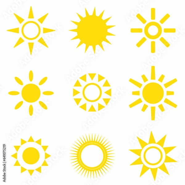 Obraz Sun icon set. Vector flat design. Collection of sun stars for use in as logo or weather icon.
