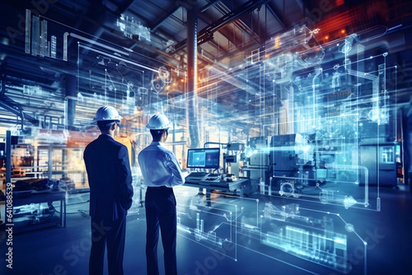 Fototapeta Futuristic Technology Concept: Team of Engineers and Professionals Workers in Heavy Industry Manufacturing Factory that is Digitalized with Graphics into Digital Twin of Industry