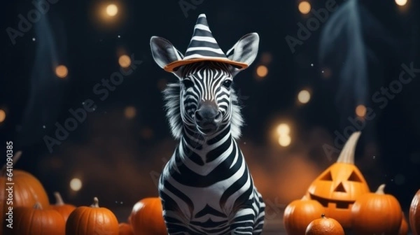 Fototapeta a photograph of cute zebra use witch hat for halloween celebration generative ai