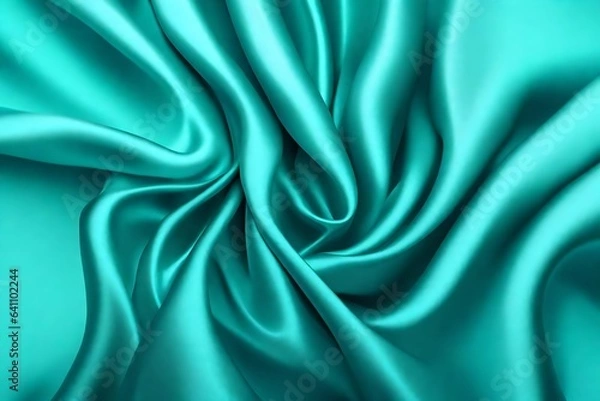 Fototapeta Closeup of rippled cyan color satin fabric cloth texture background