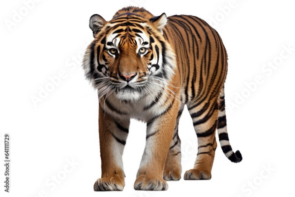 Fototapeta Portrait of Asia Bengal tiger that looking at camera isolated on clean png background, hunter in the forest, wildlife concept.