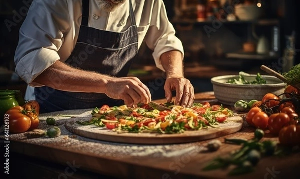 Fototapeta hands of a chef chopping food with a knife . Generative AI