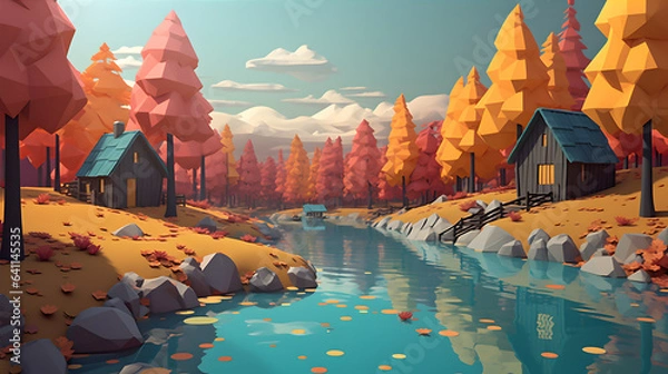 Obraz 3d cartoon style lake forest