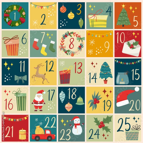 Obraz Christmas Advent calendar with hand drawn elements. Xmas Poster.