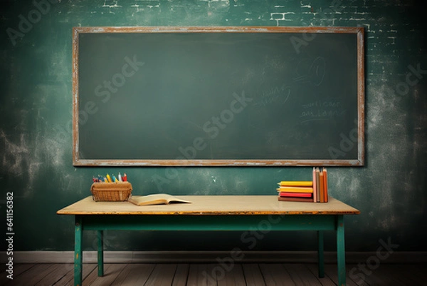 Fototapeta school desk, background school class, blackboard, green