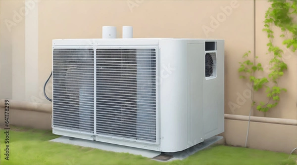 Fototapeta Efficient Air Source Heat Pump Installation in Residential Buildings for Sustainable, Clean Energy at Home. High-Quality Stock Photos Showcasing Eco-Friendly Heating Solutions.