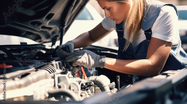 Fototapeta Maintenance car via insurance system at a car mechanic workshop. Car mechanic working on car engine.