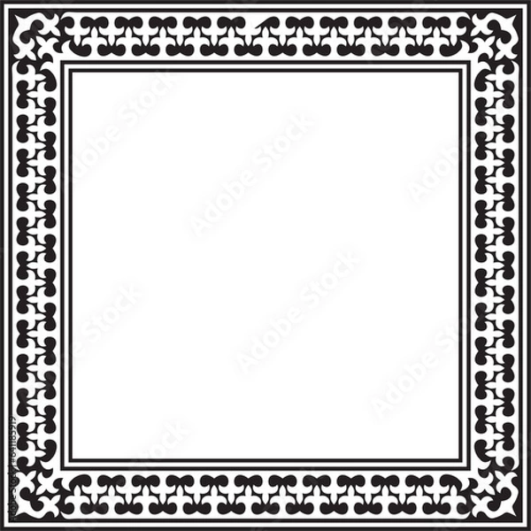 Fototapeta Vector black monochrome square Kazakh national ornament. Ethnic pattern of the peoples of the Great Steppe, .Mongols, Kyrgyz, Kalmyks, Buryats. Square frame border.