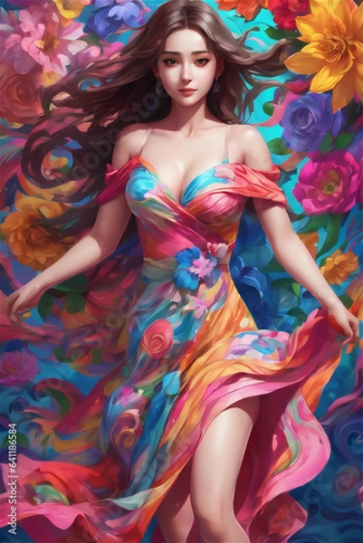 Fototapeta Portrait of beautiful young woman with bright make-up and colorful flowers