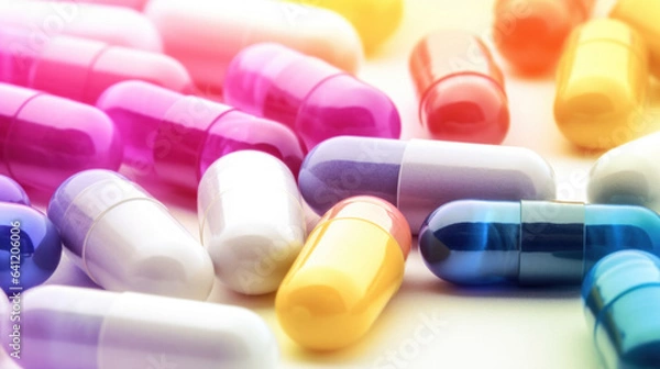 Fototapeta Close up colorful pills and capsules on white background