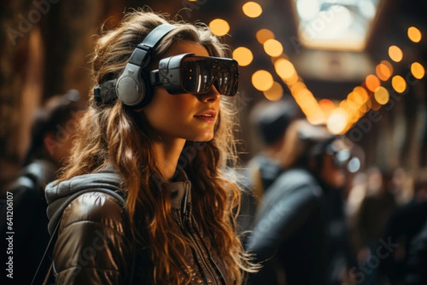 Fototapeta A student uses virtual reality goggles to explore historical sites and cultural landmarks, enriching their remote learning experience. Generative AI.