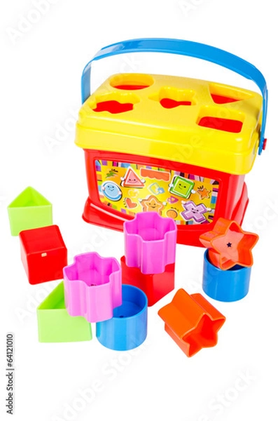Fototapeta Shape sorter toy with various coloured blocks isolated
