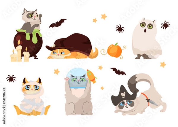Obraz Funny comic cats in Halloween costumes vector illustrations set. Collection of drawings of cute kitten characters dressed as witch, ghost, mummy, alien, pirate. Pets, Halloween, decoration concept