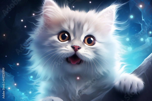 Fototapeta wefie cats with smile and happy face, cute fluffy, hyper realistic, beautiful dreammy light, bright eyes, super cute face, funny face, fish eye lens.