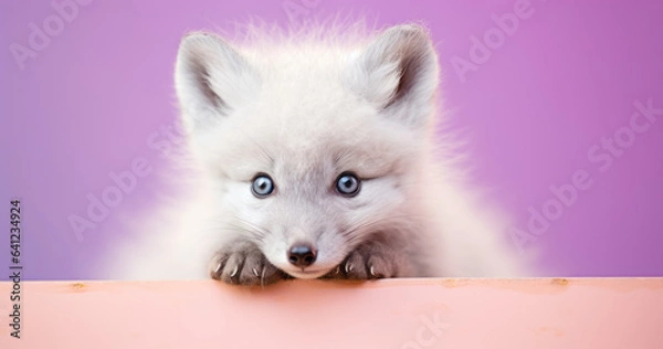Fototapeta Creative animal concept. Artic Fox peeking over pastel bright background. advertisement, banner, card. copy text space. birthday party invite invitation